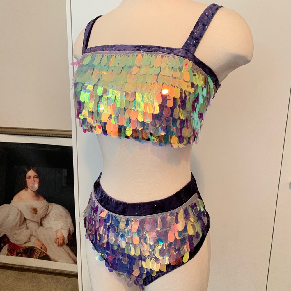 Trendy Wendy Purple Galaxy Holographic Sequin 2pc Festival Rave Wear set